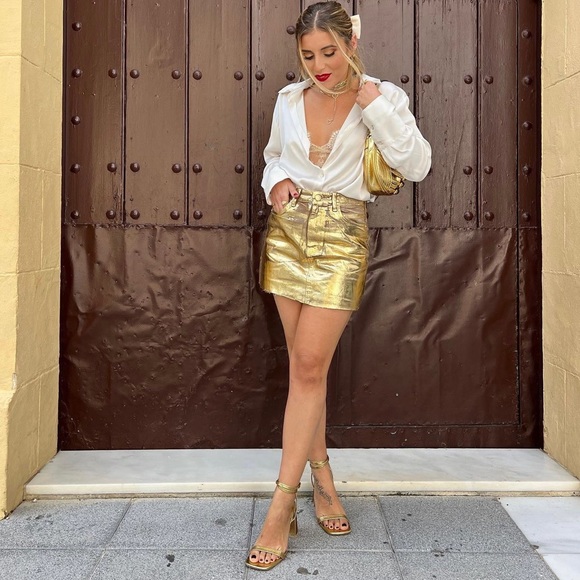 Zara Gold Block Heel Rhinestone Sandals - Picture 5 of 14